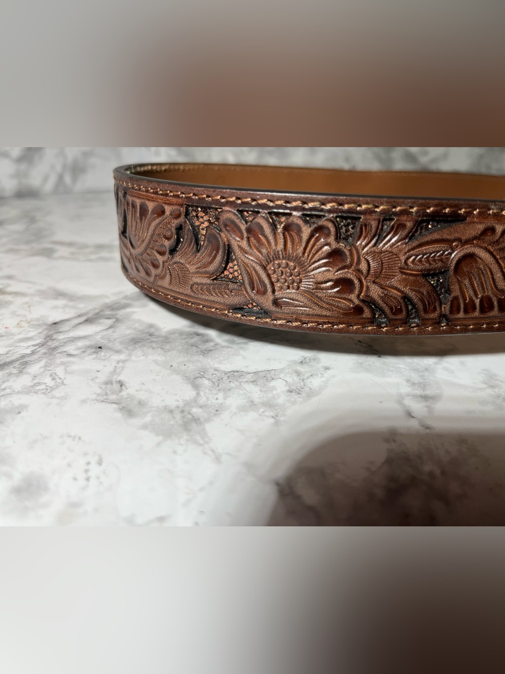Nocona Brown Tooled Leather Belt with Ornate Silver Buckle - Picture 3 of 12